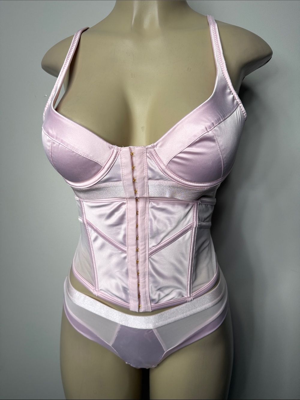 Fashion Nova Light Pink Satin Corset Bra & Bikini Set
